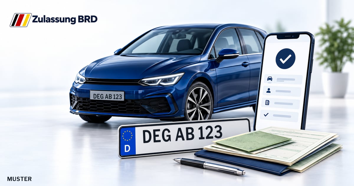 Online Fahrzeugzulassung in Plattling: Musterkennzeichen DEG AB 123, Auto und Fahrzeugpapiere und Smartphone. Illustration mit Logo von Zulassung BRD.